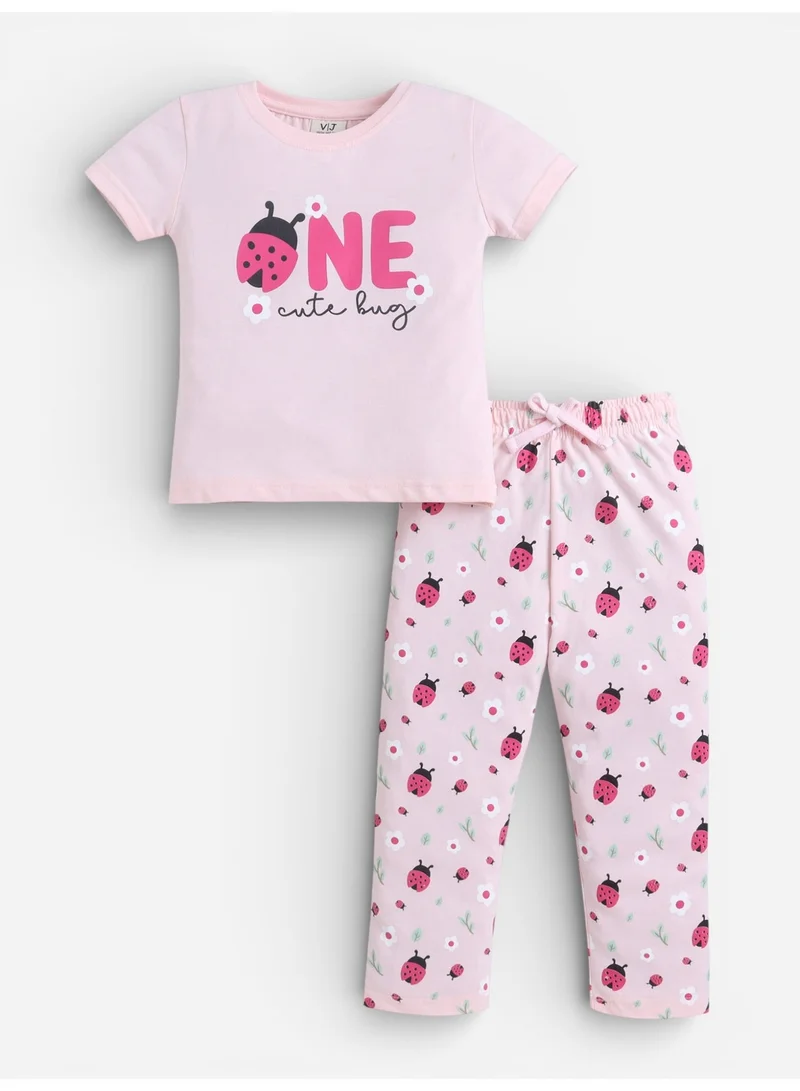 فكتور اند جين Girls Ladybug “ONE” Print Cotton Pajama Set – T-Shirt & Full Pants Nightwear